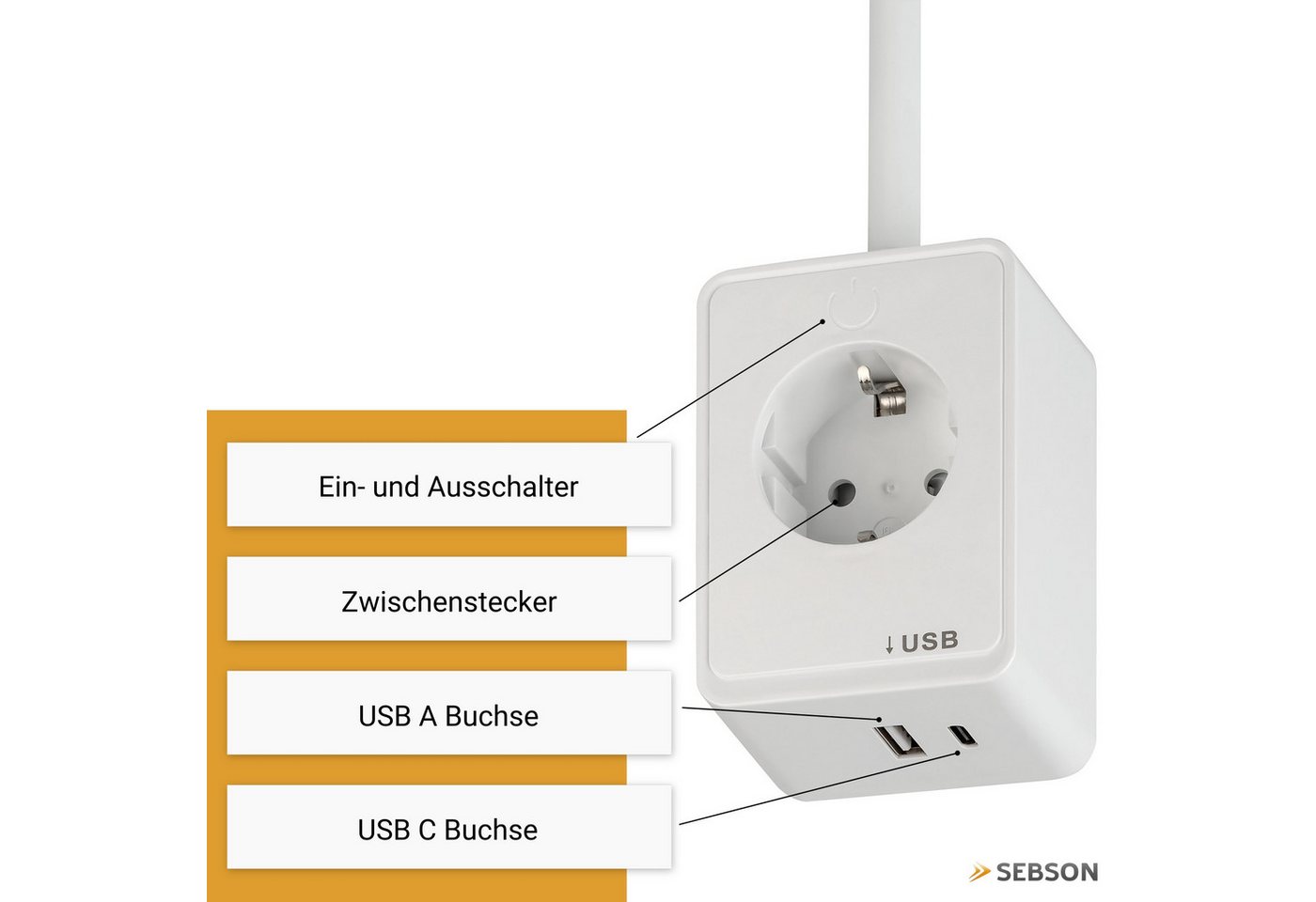 SEBSON LED Steckdosenleuchte LED Steckdosenleuchte dimmbar mit Flexarm, USB, Ein- und Ausschalter, LED integriert, neutralweiß, USB-A Anschluss, USB-C Anschluss – Bild 3 von 5