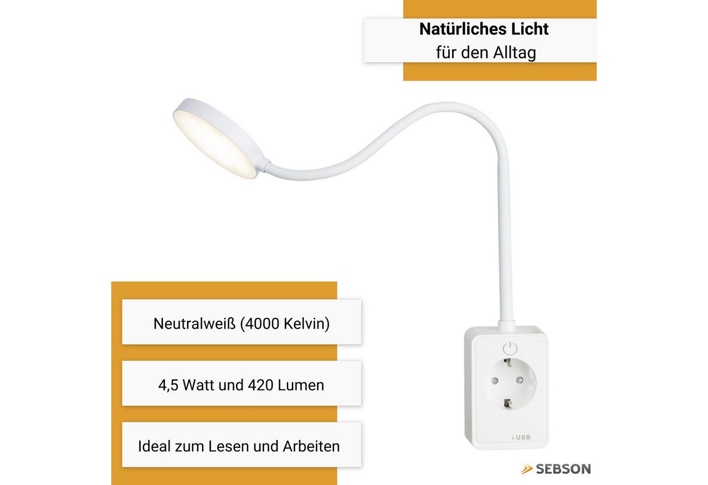 SEBSON LED Steckdosenleuchte LED Steckdosenleuchte dimmbar mit Flexarm, USB, Ein- und Ausschalter, LED integriert, neutralweiß, USB-A Anschluss, USB-C Anschluss – Bild 4 von 5