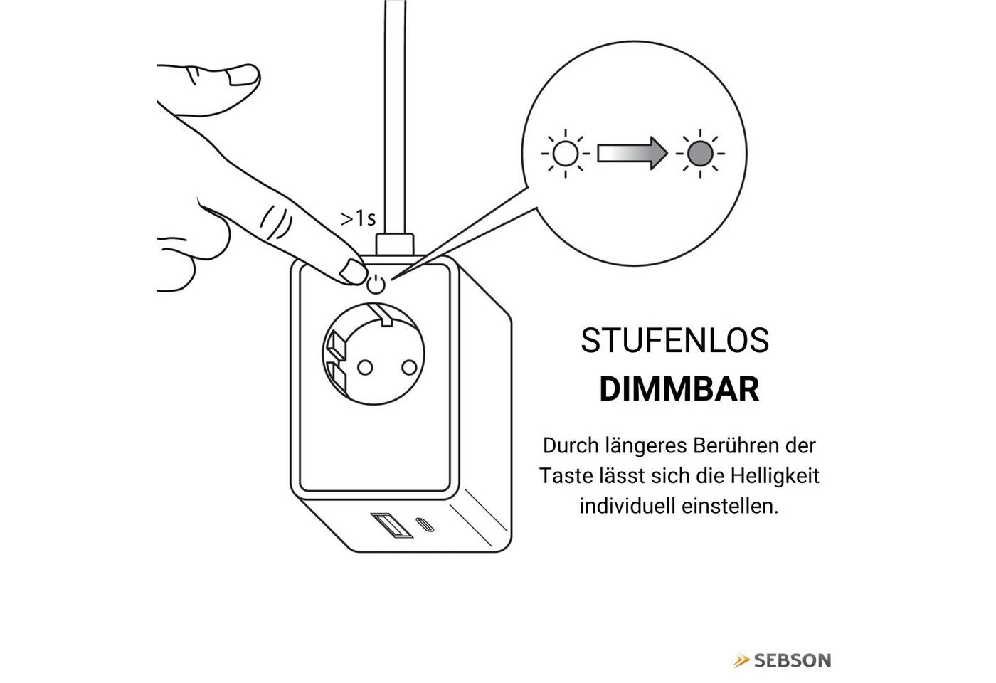 SEBSON LED Steckdosenleuchte LED Steckdosenleuchte dimmbar mit Flexarm, USB, Ein- und Ausschalter, LED integriert, neutralweiß, USB-A Anschluss, USB-C Anschluss – Bild 5 von 5