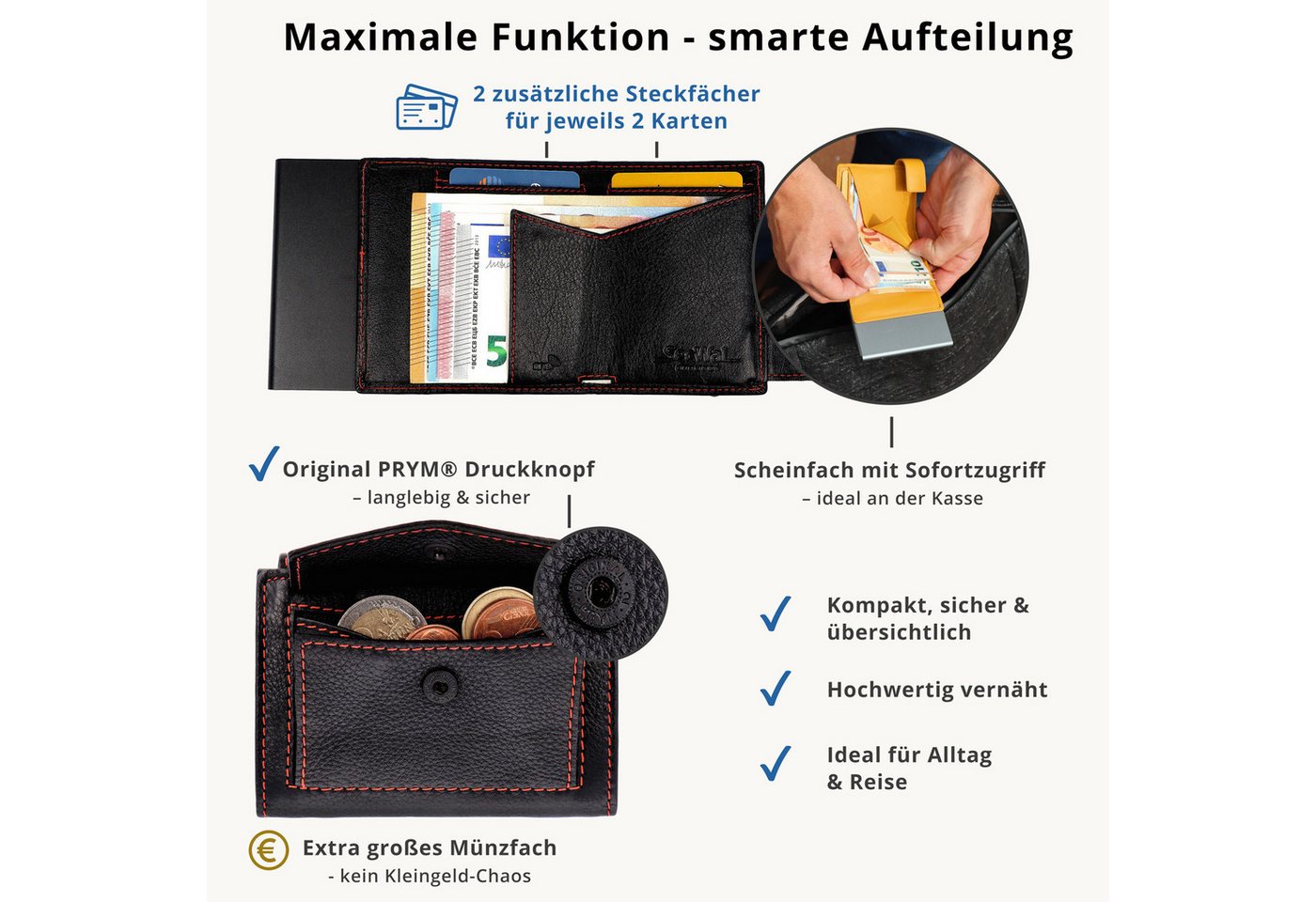 SecWal Geldbörse, Kartenetui mit Münzfach Druckknopf, Slim Wallet, RFID Schutz, Geldbeutel klein, für Damen und Herren – Bild 3 von 5