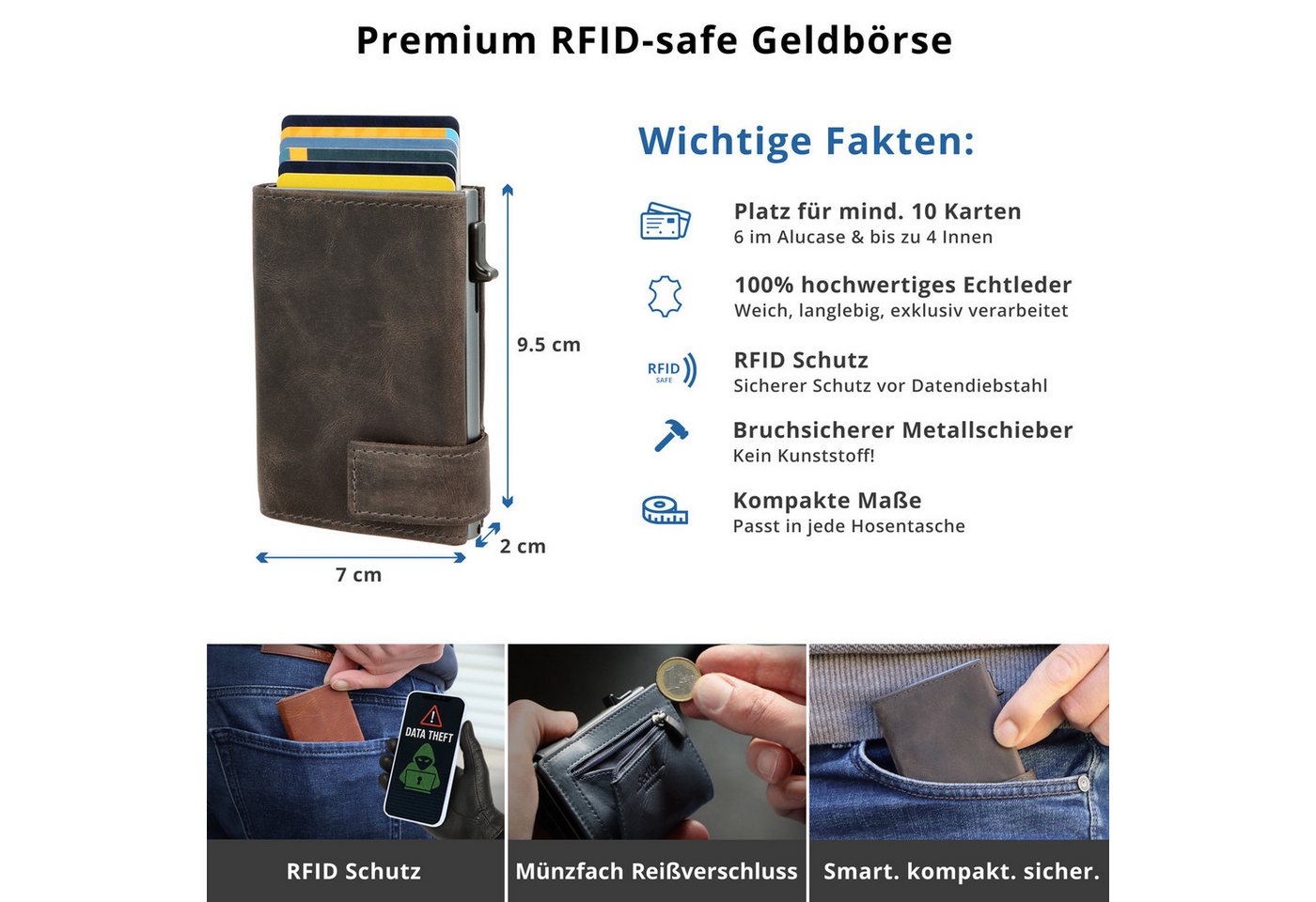 SecWal Geldbörse, Kartenetui mit Münzfach Reißverschluß, Slim Wallet, RFID Schutz, Geldbeutel klein, für Herren und Damen – Bild 4 von 5