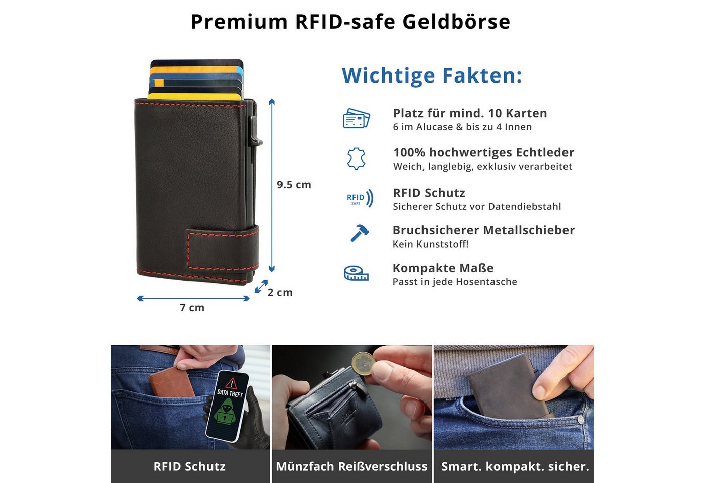 SecWal Geldbörse, Kartenetui mit Münzfach Reißverschluß, Slim Wallet, RFID Schutz, Geldbeutel klein, für Herren und Damen – Bild 4 von 5