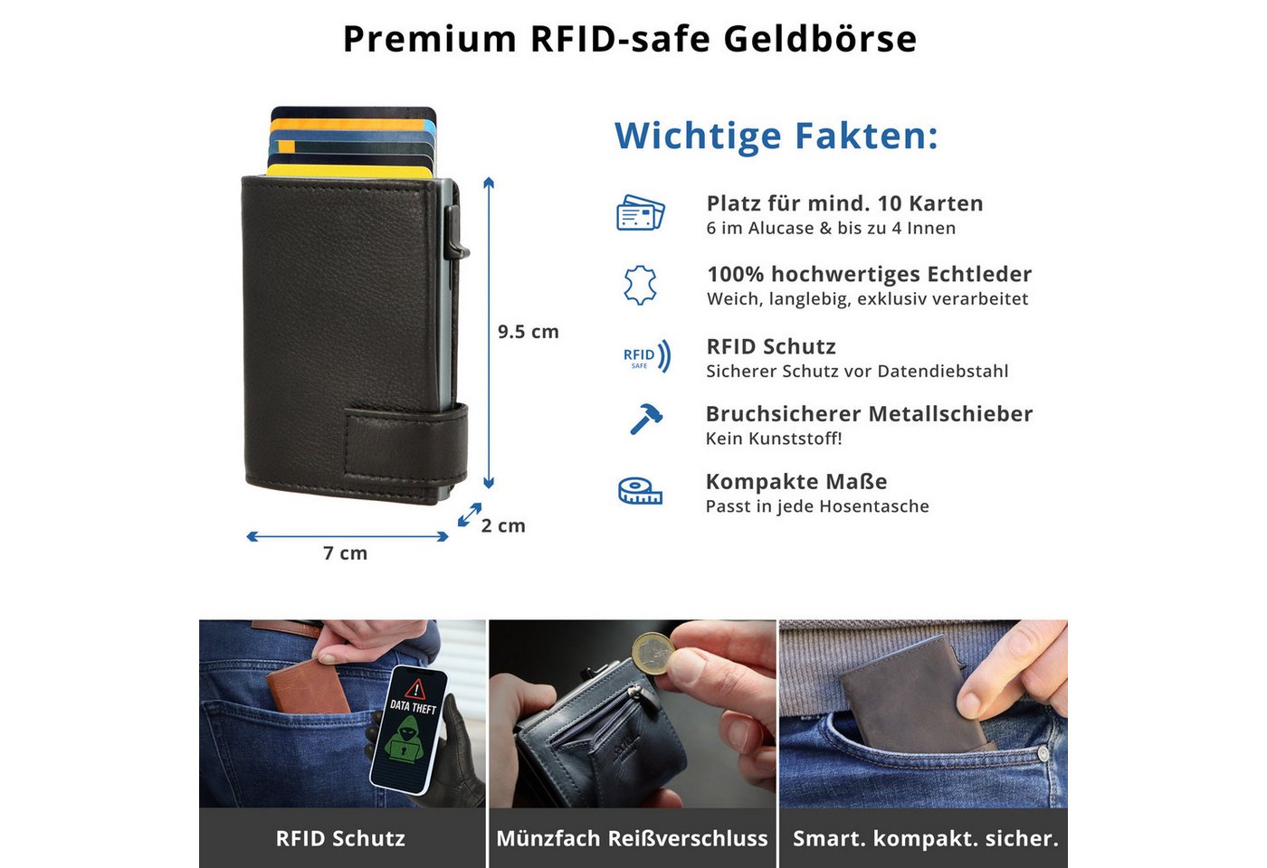 SecWal Geldbörse, Kartenetui mit Münzfach Reißverschluß, Slim Wallet, RFID Schutz, Geldbeutel klein, für Herren und Damen – Bild 4 von 5