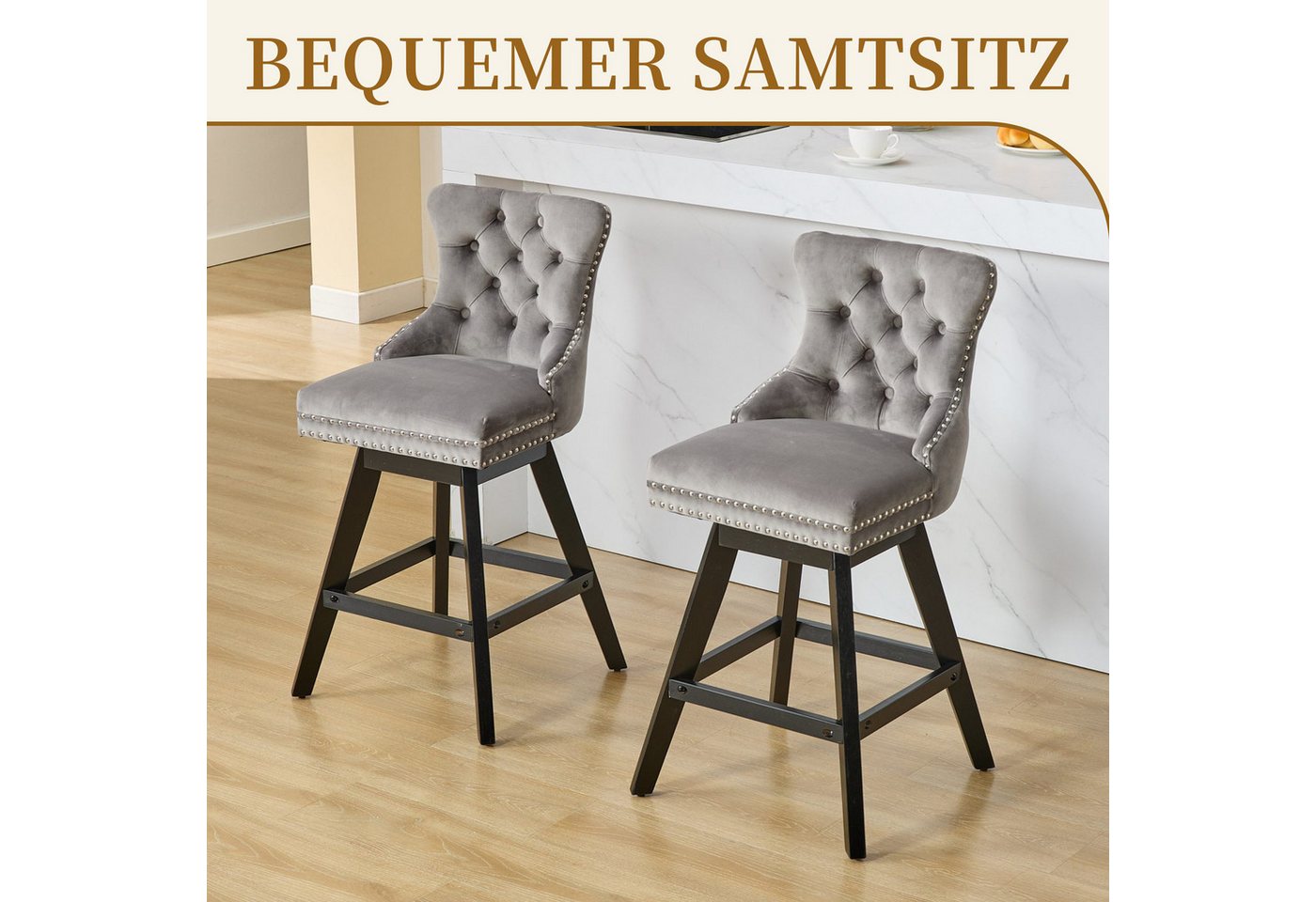 SeedWave Barhocker 2er Set Barstühle Samt Drehstuhl, Gepolsterter Sitz & Massivholzfüße (2er Set), Polsterhocker inkl. Fußstütze, Nieten und Knopf-Design – Bild 2 von 5