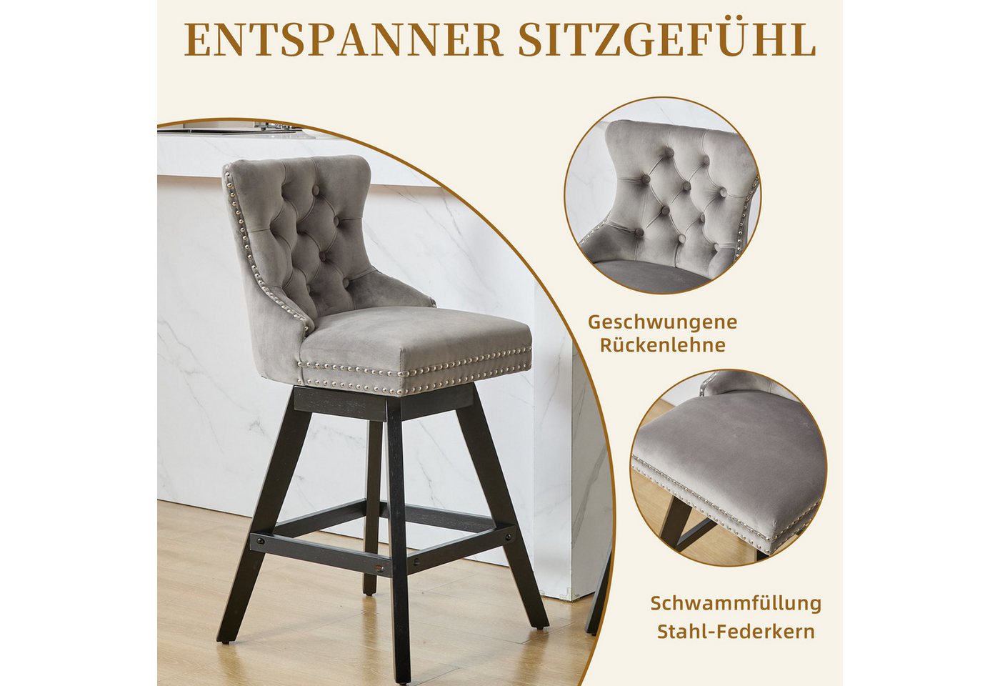 SeedWave Barhocker 2er Set Barstühle Samt Drehstuhl, Gepolsterter Sitz & Massivholzfüße (2er Set), Polsterhocker inkl. Fußstütze, Nieten und Knopf-Design – Bild 3 von 5