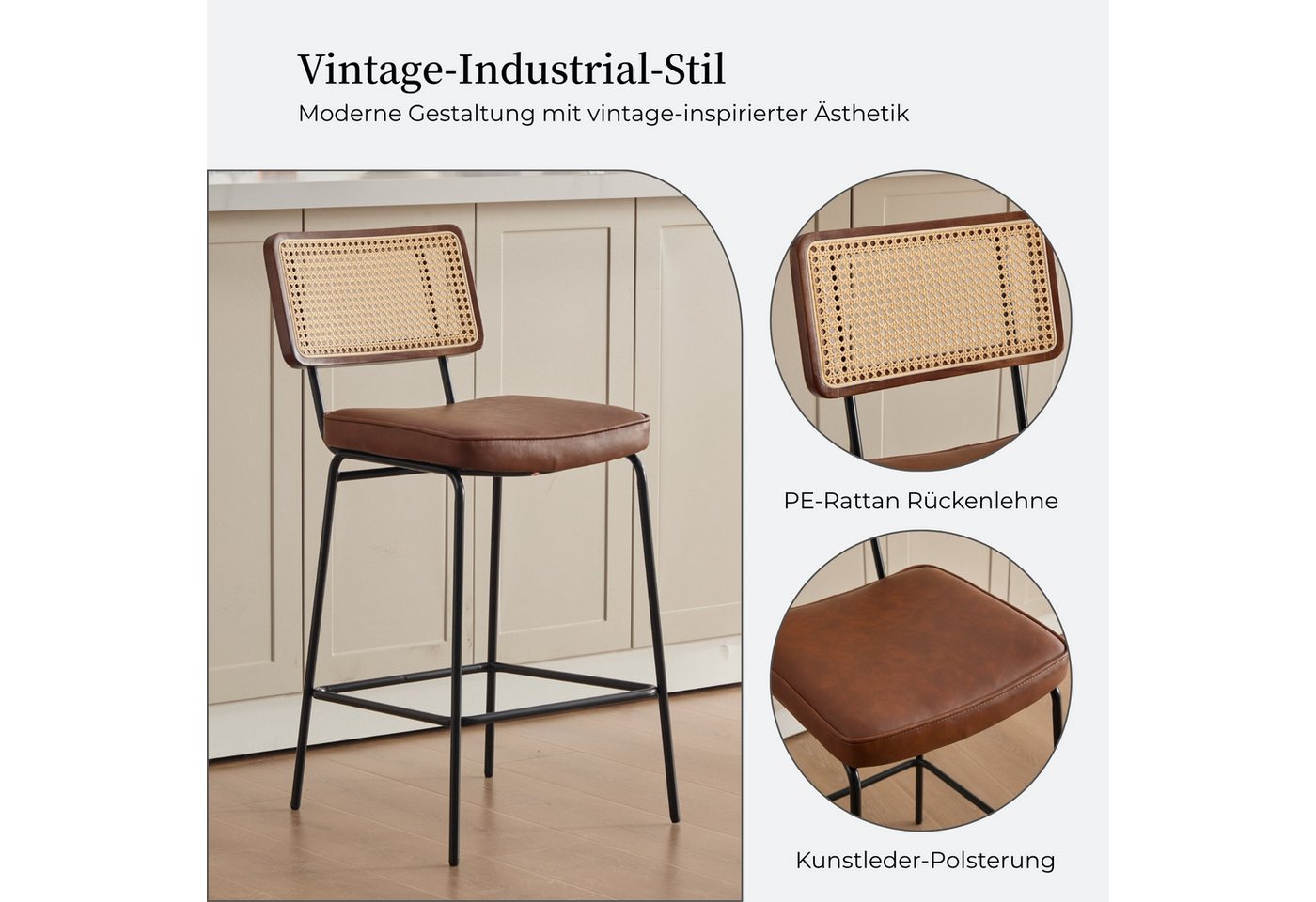 SeedWave Barhocker 2er Set Barstuhl Metallgestell Küchenhocker mit PE-Rattan Rückenlehne, PU-Leder Polsterhocker im Vintage-Stil, bis 120kg belastbar – Bild 3 von 5