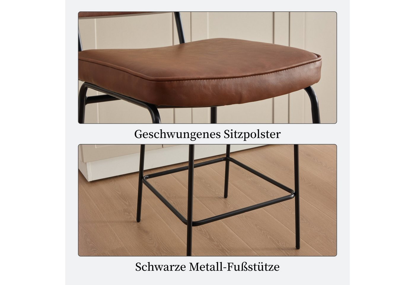 SeedWave Barhocker 2er Set Barstuhl Metallgestell Küchenhocker mit PE-Rattan Rückenlehne, PU-Leder Polsterhocker im Vintage-Stil, bis 120kg belastbar – Bild 4 von 5