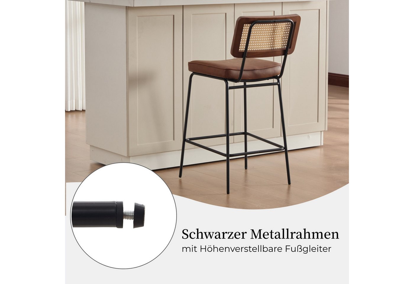 SeedWave Barhocker 2er Set Barstuhl Metallgestell Küchenhocker mit PE-Rattan Rückenlehne, PU-Leder Polsterhocker im Vintage-Stil, bis 120kg belastbar – Bild 5 von 5