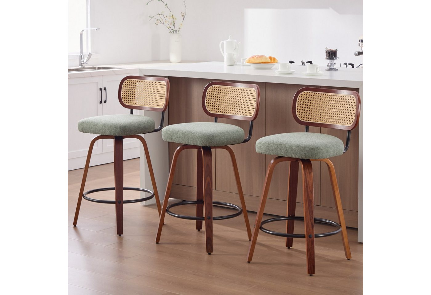 SeedWave Barhocker 3er-Set Tresenhocker mit Drehfunktion und PE-Rattanlehne (3er Set), 65 cm Sitzhöhe mit Metallfußstütze für Kücheninseln – Bild 2 von 5