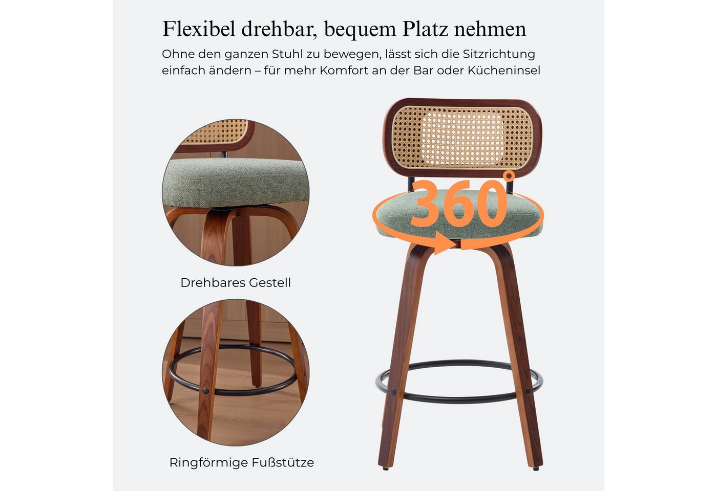 SeedWave Barhocker 3er-Set Tresenhocker mit Drehfunktion und PE-Rattanlehne (3er Set), 65 cm Sitzhöhe mit Metallfußstütze für Kücheninseln – Bild 3 von 5