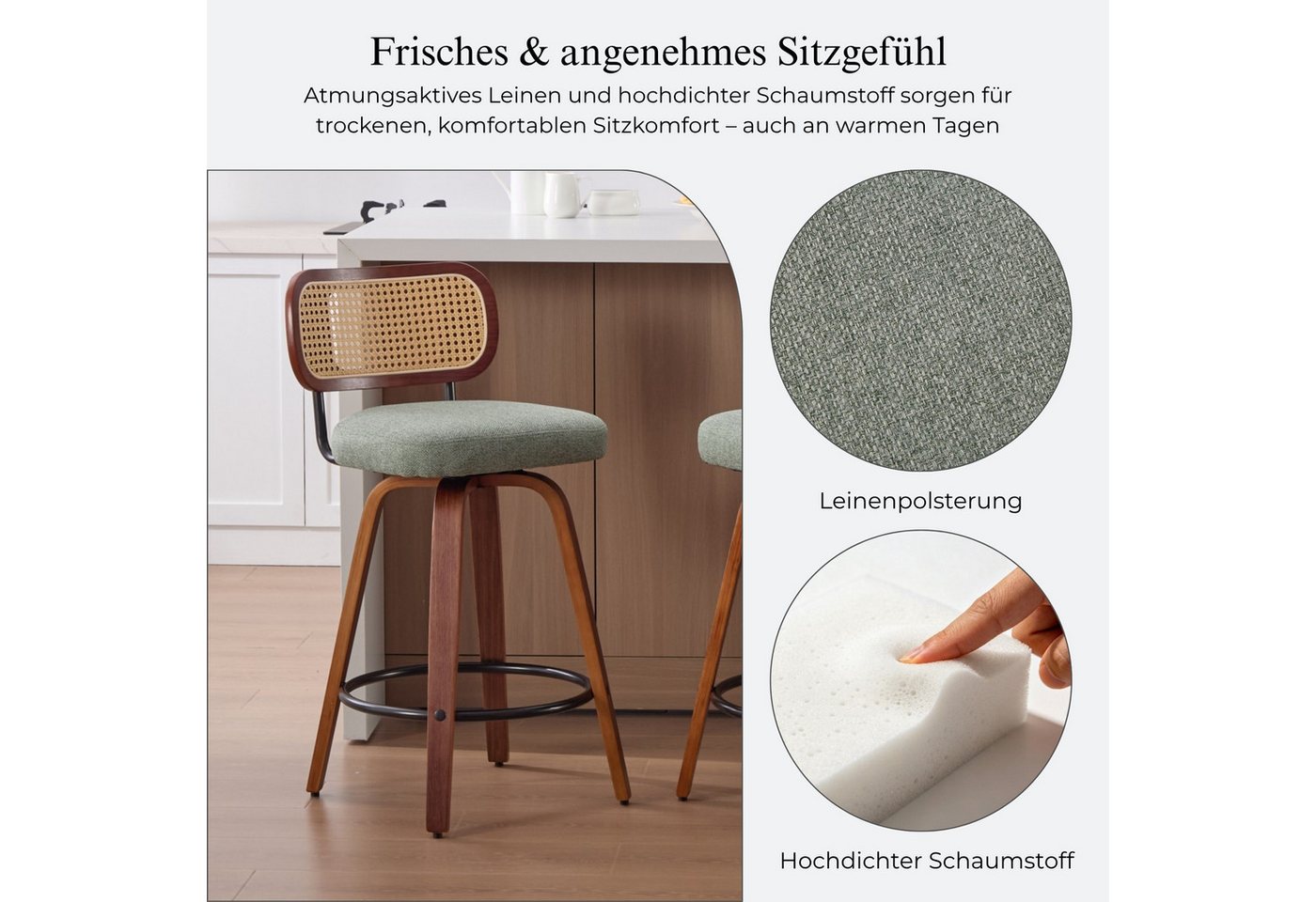 SeedWave Barhocker 3er-Set Tresenhocker mit Drehfunktion und PE-Rattanlehne (3er Set), 65 cm Sitzhöhe mit Metallfußstütze für Kücheninseln – Bild 4 von 5
