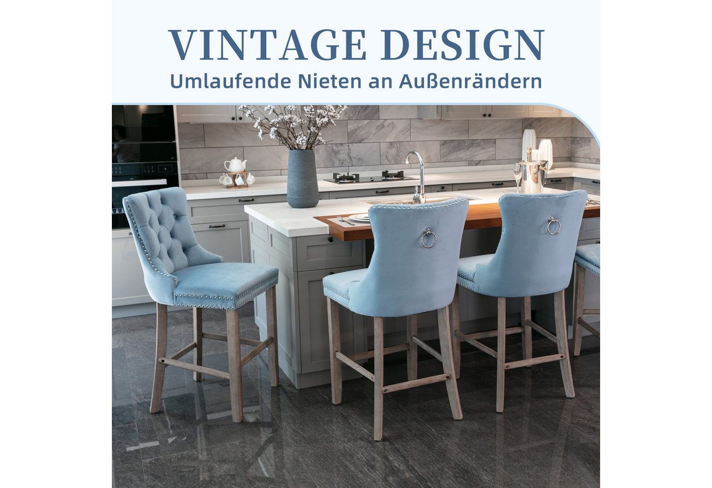 SeedWave Barhocker Mit Rückenlehne, 2er-Set Samt Barstuhl mit Verstellbaren Schrauben, Polsterhocker inkl. 4 Holzfüße mit Fußstütze, Nieten und Knopf-Design – Bild 2 von 5