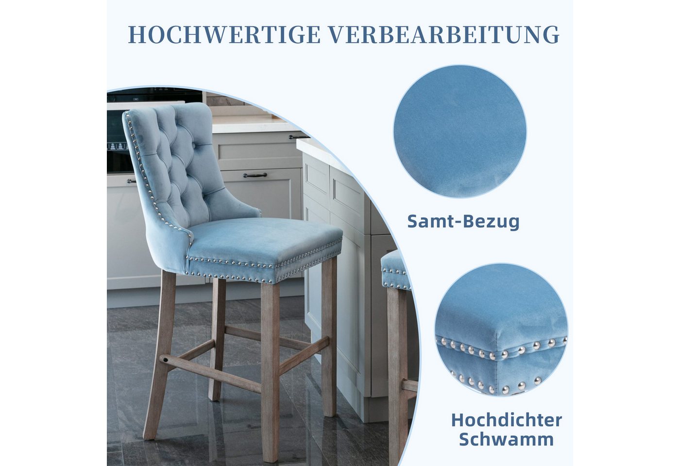 SeedWave Barhocker Mit Rückenlehne, 2er-Set Samt Barstuhl mit Verstellbaren Schrauben, Polsterhocker inkl. 4 Holzfüße mit Fußstütze, Nieten und Knopf-Design – Bild 3 von 5