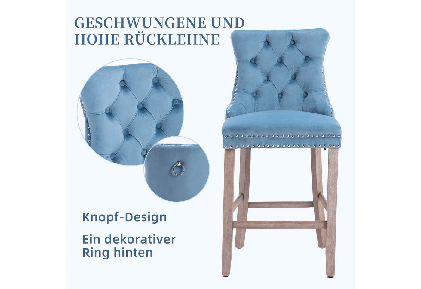 SeedWave Barhocker Mit Rückenlehne, 2er-Set Samt Barstuhl mit Verstellbaren Schrauben, Polsterhocker inkl. 4 Holzfüße mit Fußstütze, Nieten und Knopf-Design – Bild 4 von 5