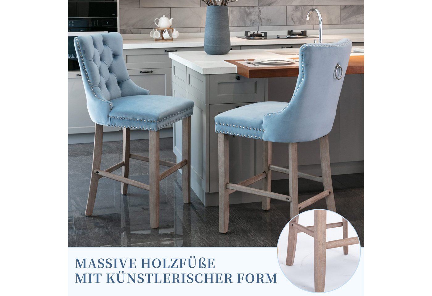 SeedWave Barhocker Mit Rückenlehne, 2er-Set Samt Barstuhl mit Verstellbaren Schrauben, Polsterhocker inkl. 4 Holzfüße mit Fußstütze, Nieten und Knopf-Design – Bild 5 von 5
