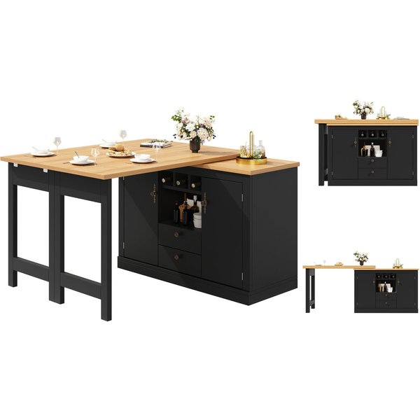 SeedWave Bartisch 360 Grad drehbarer Küchentisch mit Klappbarer Tischplatte, Stauraum, Erweitern auf 180 cm, Anrichte beinhaltet 3 Weinflaschfächer