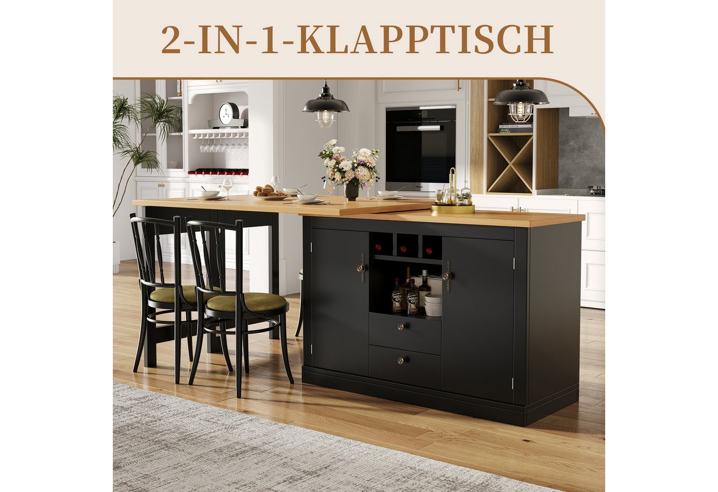 SeedWave Bartisch 360 Grad drehbarer Küchentisch mit Klappbarer Tischplatte, Stauraum, Erweitern auf 180 cm, Anrichte beinhaltet 3 Weinflaschfächer – Bild 2 von 5