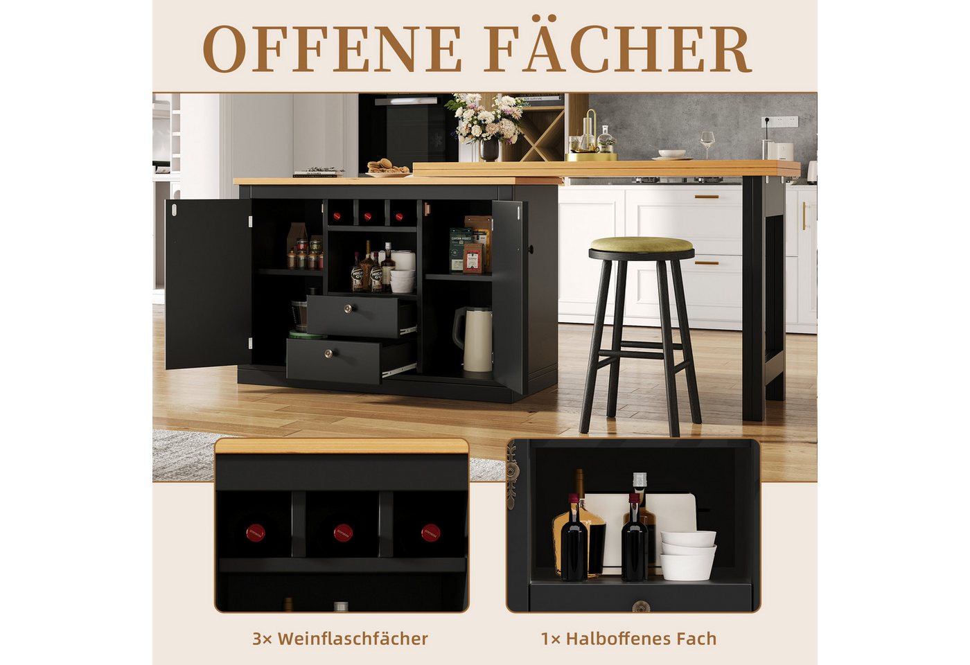 SeedWave Bartisch 360 Grad drehbarer Küchentisch mit Klappbarer Tischplatte, Stauraum, Erweitern auf 180 cm, Anrichte beinhaltet 3 Weinflaschfächer – Bild 4 von 5