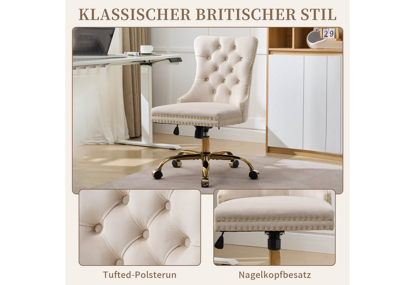 SeedWave Bürostuhl Samt-Schminkstuhl mit gesteppter Rückenlehne und Nagelkopfverzierung, Vintage Britischer, höhenverstellbar, schwenk- & rollbar, bis 150 kg – Bild 2 von 5
