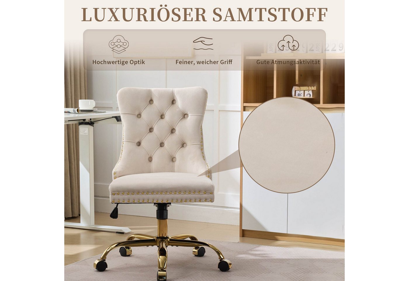 SeedWave Bürostuhl Samt-Schminkstuhl mit gesteppter Rückenlehne und Nagelkopfverzierung, Vintage Britischer, höhenverstellbar, schwenk- & rollbar, bis 150 kg – Bild 3 von 5