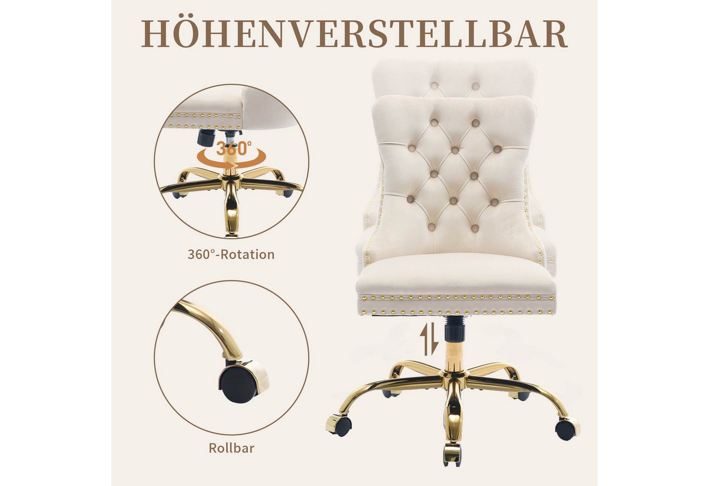 SeedWave Bürostuhl Samt-Schminkstuhl mit gesteppter Rückenlehne und Nagelkopfverzierung, Vintage Britischer, höhenverstellbar, schwenk- & rollbar, bis 150 kg – Bild 4 von 5