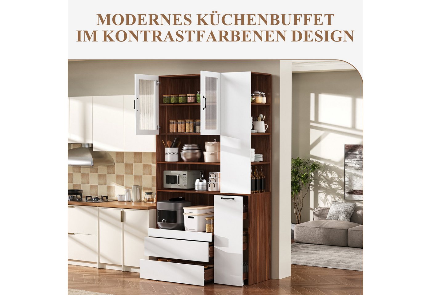 SeedWave Buffet Vielseitiger Küchenbuffet mit Glastüren, Ausziehbarem Mikrowellenfach Küchenschrank inkl. offene Ablagen, 2 Schubladen, Gewürzwagen – Bild 2 von 5