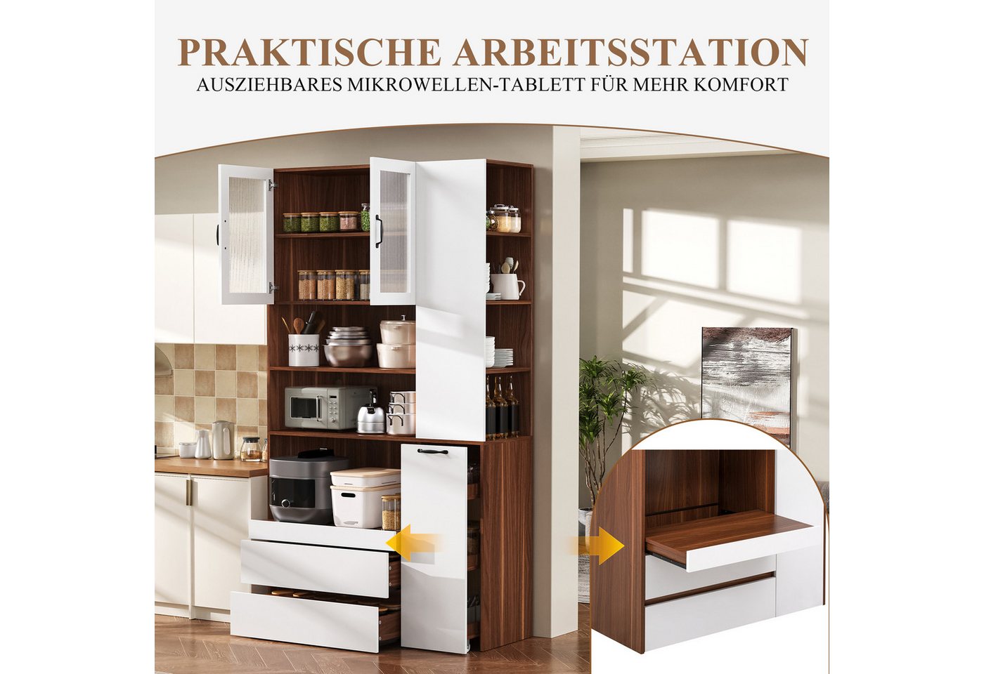 SeedWave Buffet Vielseitiger Küchenbuffet mit Glastüren, Ausziehbarem Mikrowellenfach Küchenschrank inkl. offene Ablagen, 2 Schubladen, Gewürzwagen – Bild 4 von 5