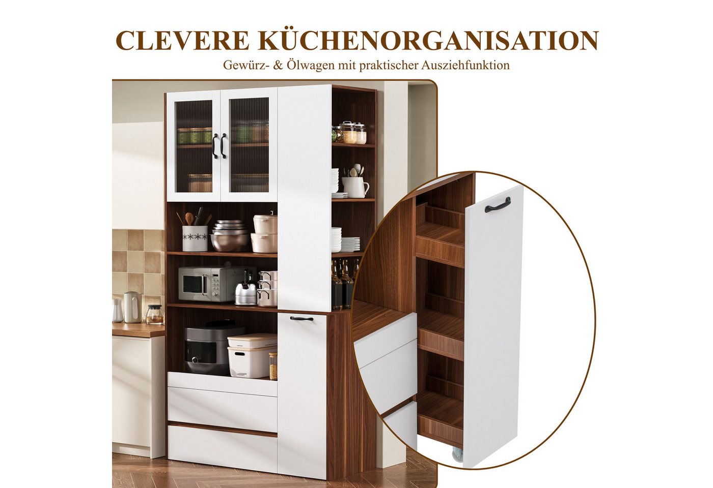 SeedWave Buffet Vielseitiger Küchenbuffet mit Glastüren, Ausziehbarem Mikrowellenfach Küchenschrank inkl. offene Ablagen, 2 Schubladen, Gewürzwagen – Bild 5 von 5