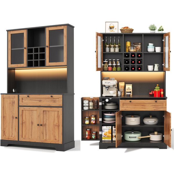 SeedWave Buffet Vielseitiges Küchenbuffet mit LED-Lichtleiste, Ladefunktion, Weinregal Hochschrank mit Höhe 180cm, 2× Glastüren, viel Stauraum