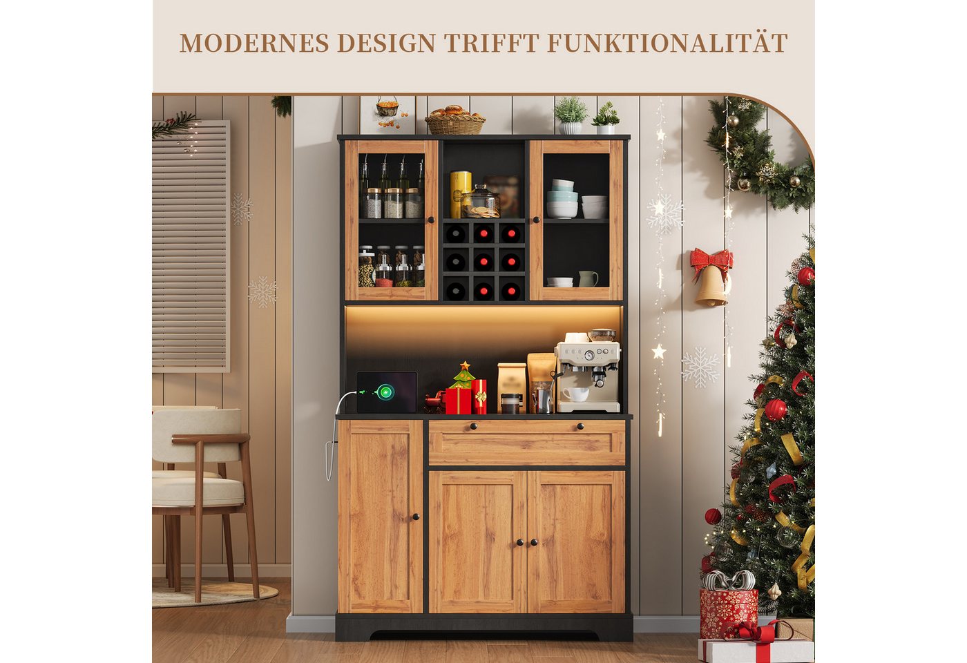 SeedWave Buffet Vielseitiges Küchenbuffet mit LED-Lichtleiste, Ladefunktion, Weinregal Hochschrank mit Höhe 180cm, 2× Glastüren, viel Stauraum – Bild 2 von 5