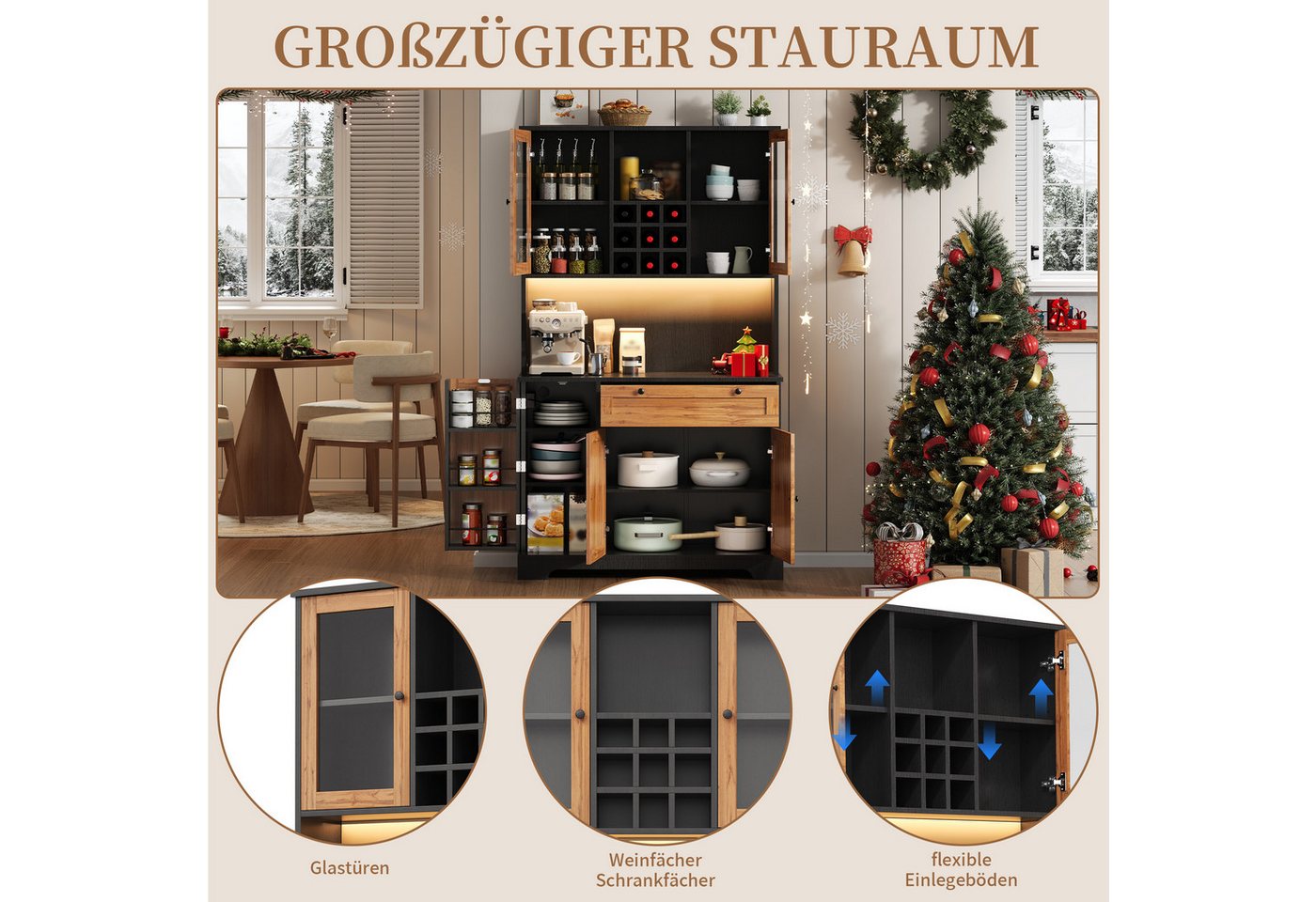 SeedWave Buffet Vielseitiges Küchenbuffet mit LED-Lichtleiste, Ladefunktion, Weinregal Hochschrank mit Höhe 180cm, 2× Glastüren, viel Stauraum – Bild 3 von 5