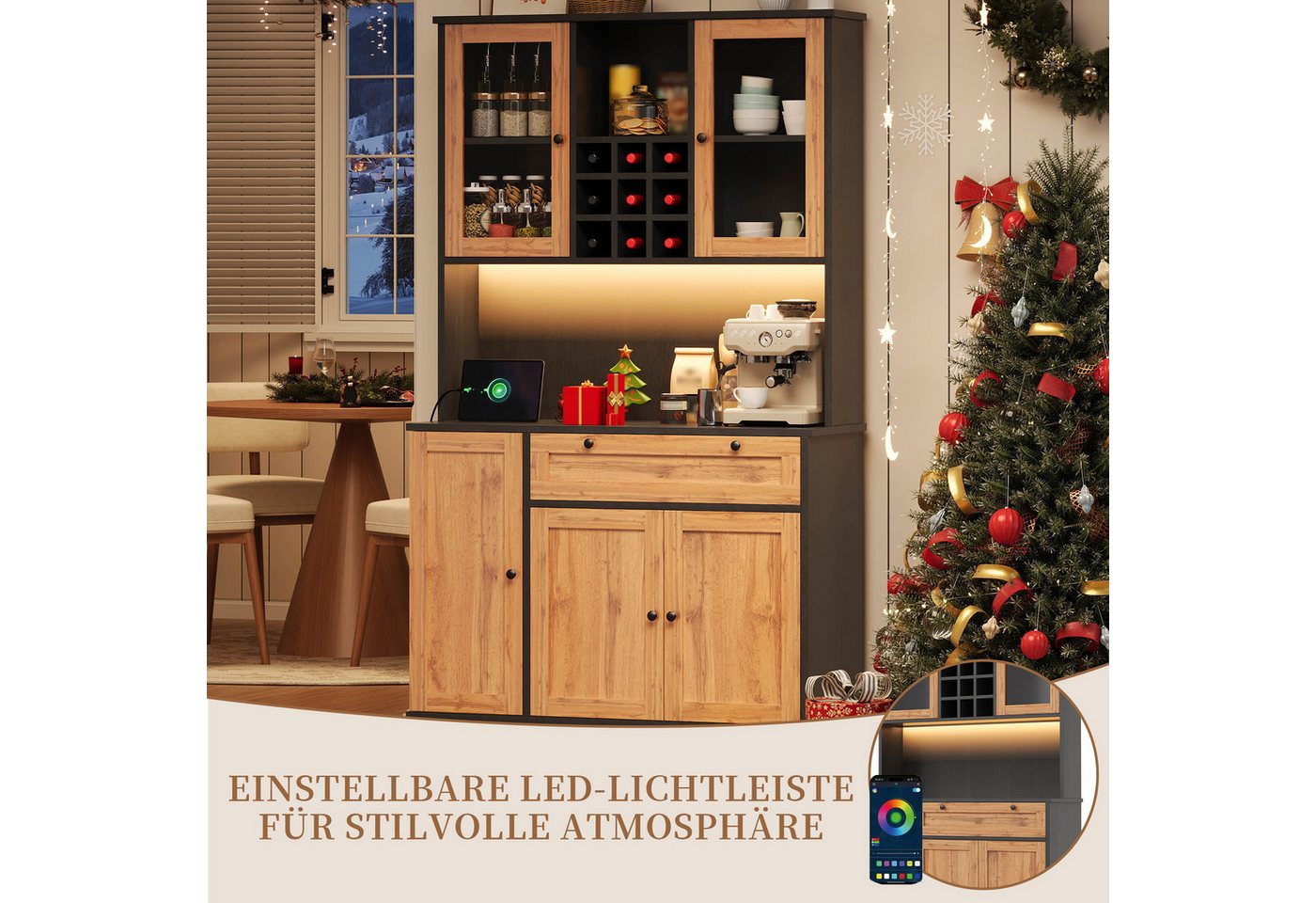 SeedWave Buffet Vielseitiges Küchenbuffet mit LED-Lichtleiste, Ladefunktion, Weinregal Hochschrank mit Höhe 180cm, 2× Glastüren, viel Stauraum – Bild 4 von 5