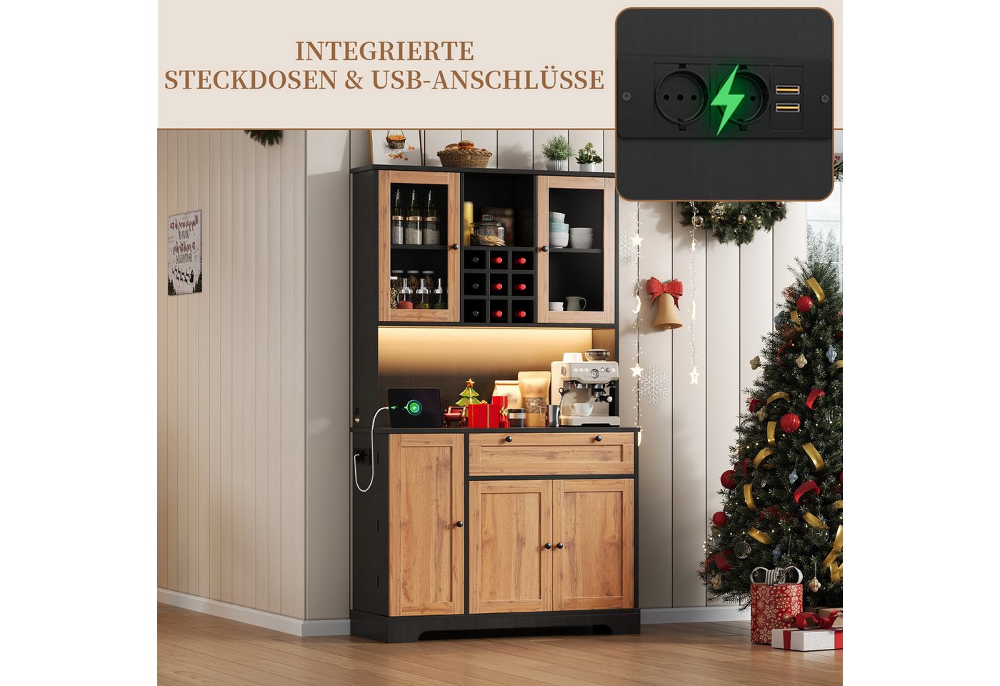 SeedWave Buffet Vielseitiges Küchenbuffet mit LED-Lichtleiste, Ladefunktion, Weinregal Hochschrank mit Höhe 180cm, 2× Glastüren, viel Stauraum – Bild 5 von 5