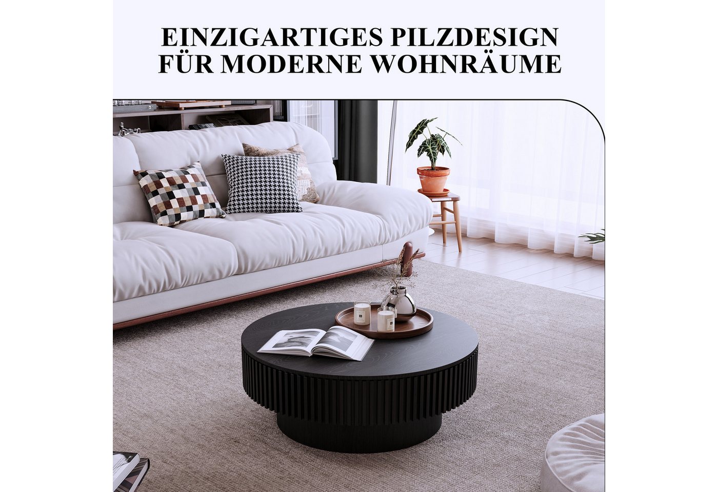 SeedWave Couchtisch mit Stauraum Sofatisch in Pilzform mit 75cm Runder Tischplatte, Wohnzimmertisch mit Massivholzfurnier – Bild 2 von 5