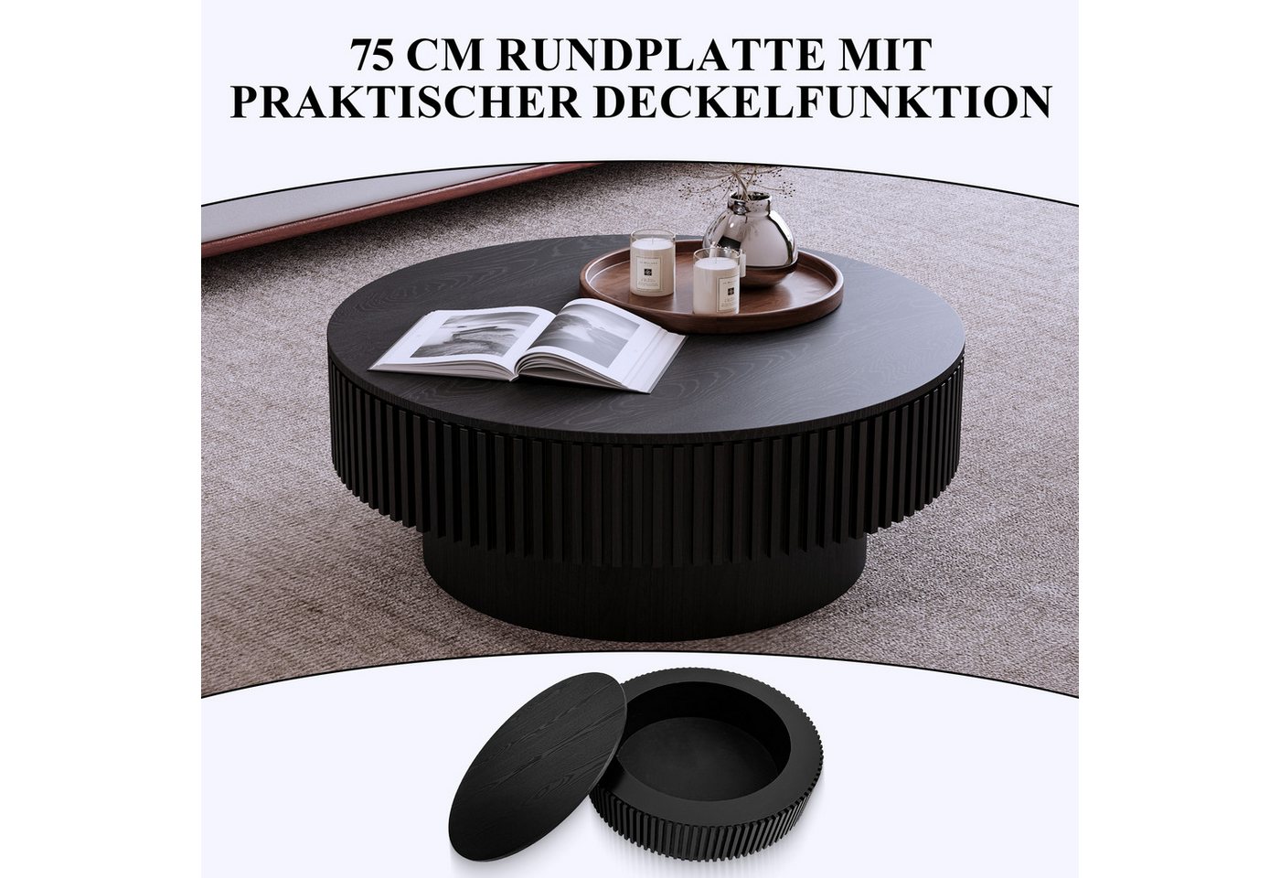SeedWave Couchtisch mit Stauraum Sofatisch in Pilzform mit 75cm Runder Tischplatte, Wohnzimmertisch mit Massivholzfurnier – Bild 3 von 5
