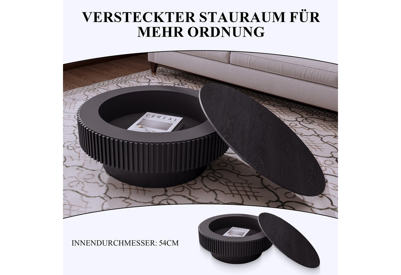 SeedWave Couchtisch mit Stauraum Sofatisch in Pilzform mit 75cm Runder Tischplatte, Wohnzimmertisch mit Massivholzfurnier – Bild 4 von 5