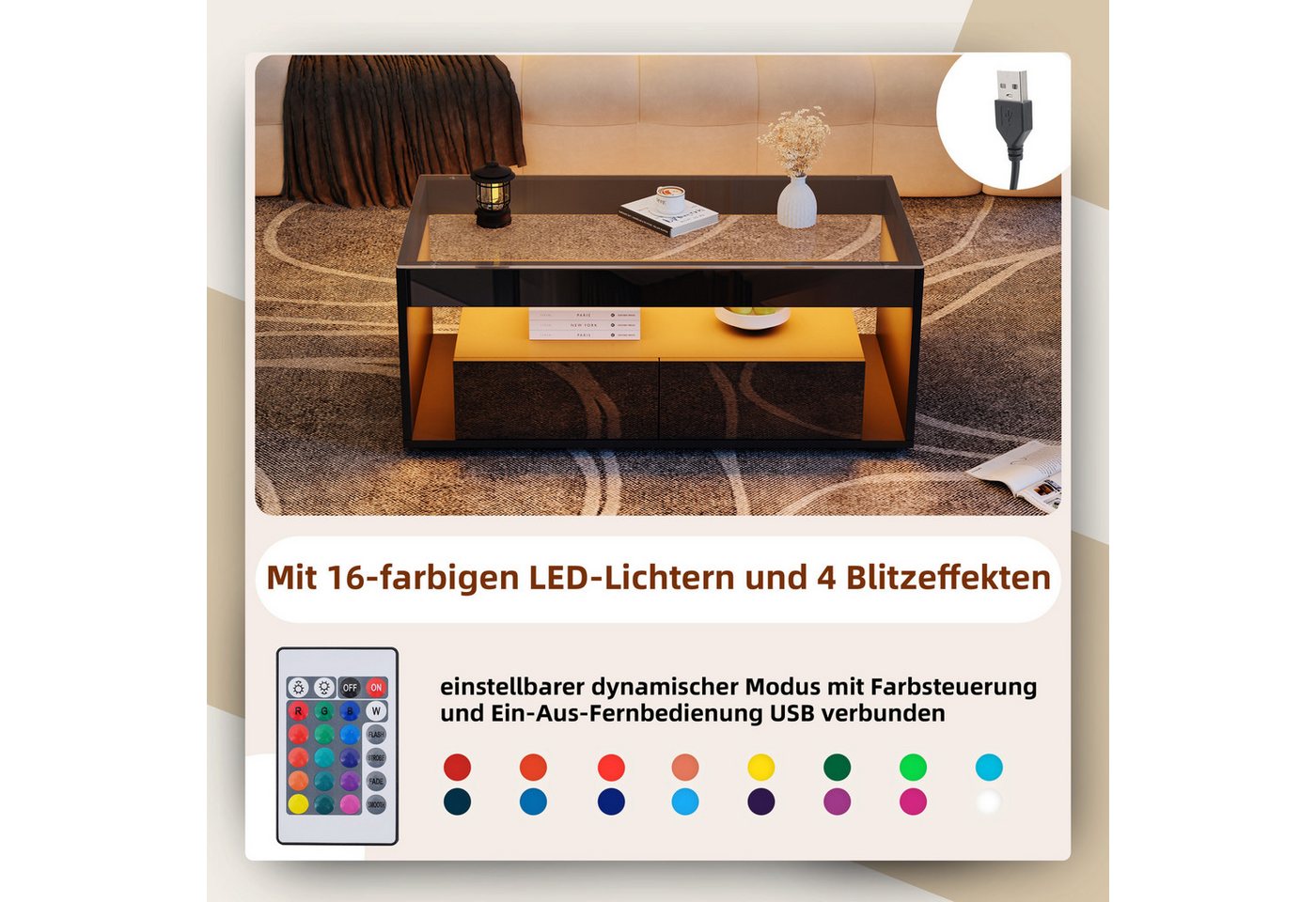 SeedWave Couchtisch Moderner Doppelstöckiger Stubentisch mit LED-Beleuchtung, Glasplatte, Mit 2 Schubladen, 1 Ablagefläche, 16 Farben und 4 Glitzer-Effekten – Bild 3 von 5