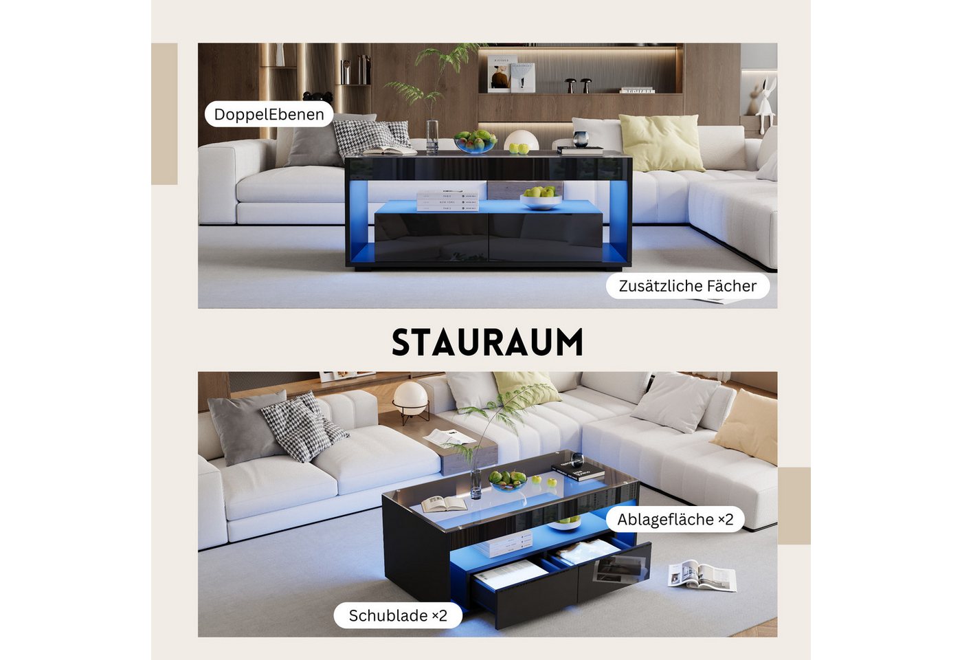 SeedWave Couchtisch Moderner Doppelstöckiger Stubentisch mit LED-Beleuchtung, Glasplatte, Mit 2 Schubladen, 1 Ablagefläche, 16 Farben und 4 Glitzer-Effekten – Bild 4 von 5