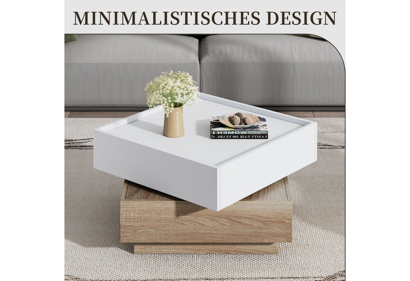 SeedWave Couchtisch Sofatisch, 360° Drehbare Ober-Tischplatte, 2 Grifflosen Schubladen, Erhöhte Seitenböden rund um Arbeitsplatte, Ohne Füße zum Stabilität – Bild 2 von 5