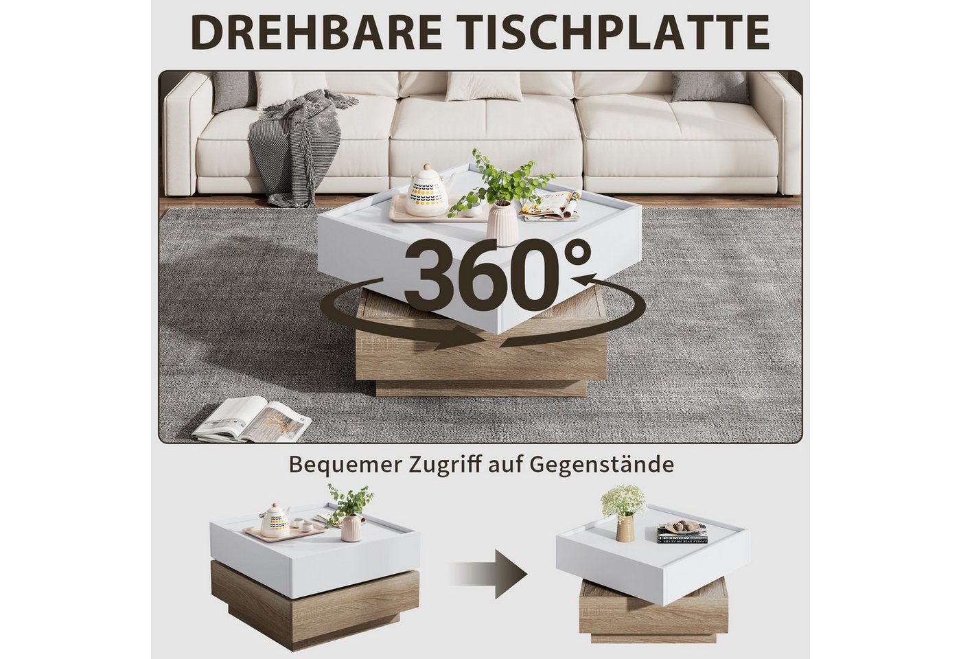 SeedWave Couchtisch Sofatisch, 360° Drehbare Ober-Tischplatte, 2 Grifflosen Schubladen, Erhöhte Seitenböden rund um Arbeitsplatte, Ohne Füße zum Stabilität – Bild 3 von 5