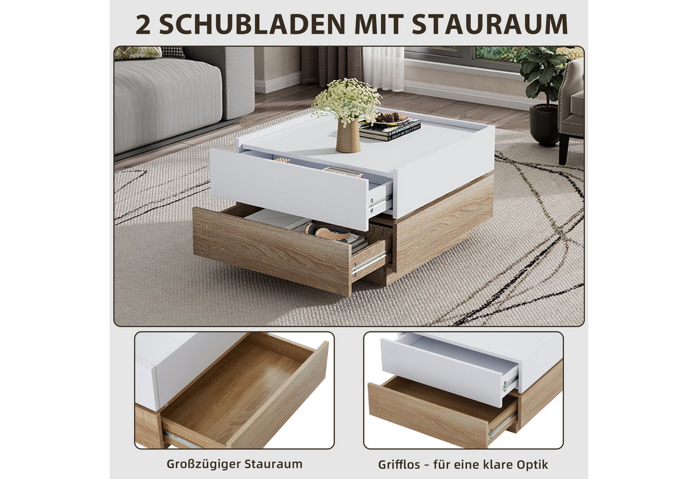 SeedWave Couchtisch Sofatisch, 360° Drehbare Ober-Tischplatte, 2 Grifflosen Schubladen, Erhöhte Seitenböden rund um Arbeitsplatte, Ohne Füße zum Stabilität – Bild 4 von 5