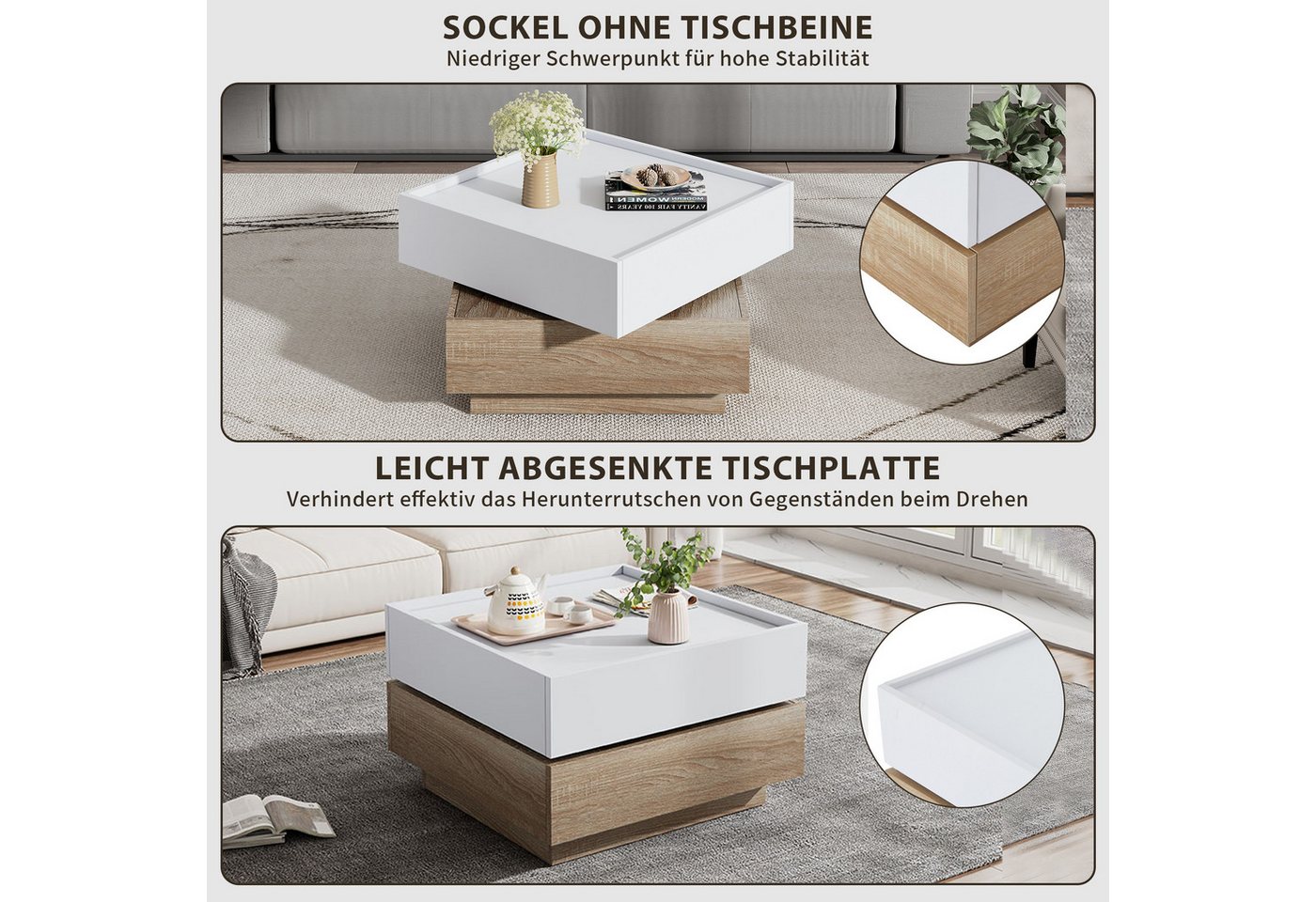 SeedWave Couchtisch Sofatisch, 360° Drehbare Ober-Tischplatte, 2 Grifflosen Schubladen, Erhöhte Seitenböden rund um Arbeitsplatte, Ohne Füße zum Stabilität – Bild 5 von 5
