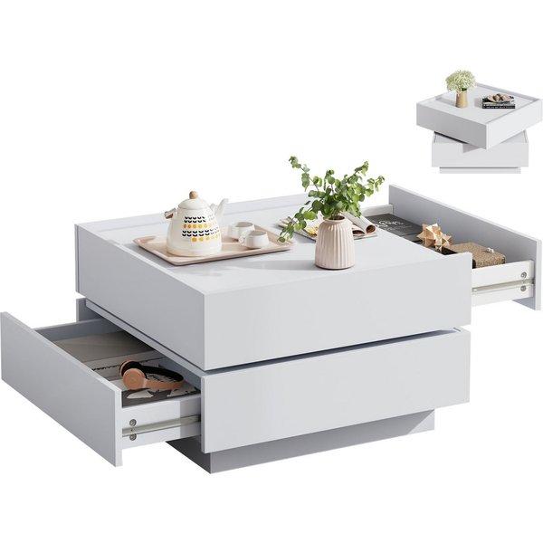 SeedWave Couchtisch Sofatisch, 360° Drehbare Ober-Tischplatte, 2 Grifflosen Schubladen, Erhöhte Seitenböden rund um Arbeitsplatte, Ohne Füße zum Stabilität