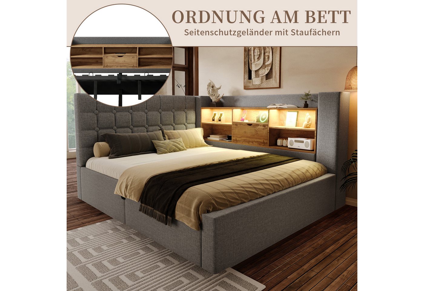 SeedWave Daybett Leinen-Polsterbett mit Stauraum, Lichtleiste&Ladefunktion 90/140×200cm, Tagesbett mit Hydraulik, Schutzgeländer beiderseits montierbar – Bild 3 von 5