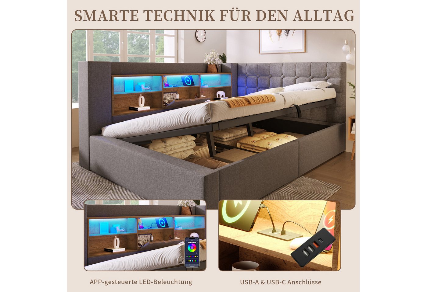 SeedWave Daybett Leinen-Polsterbett mit Stauraum, Lichtleiste&Ladefunktion 90/140×200cm, Tagesbett mit Hydraulik, Schutzgeländer beiderseits montierbar – Bild 4 von 5