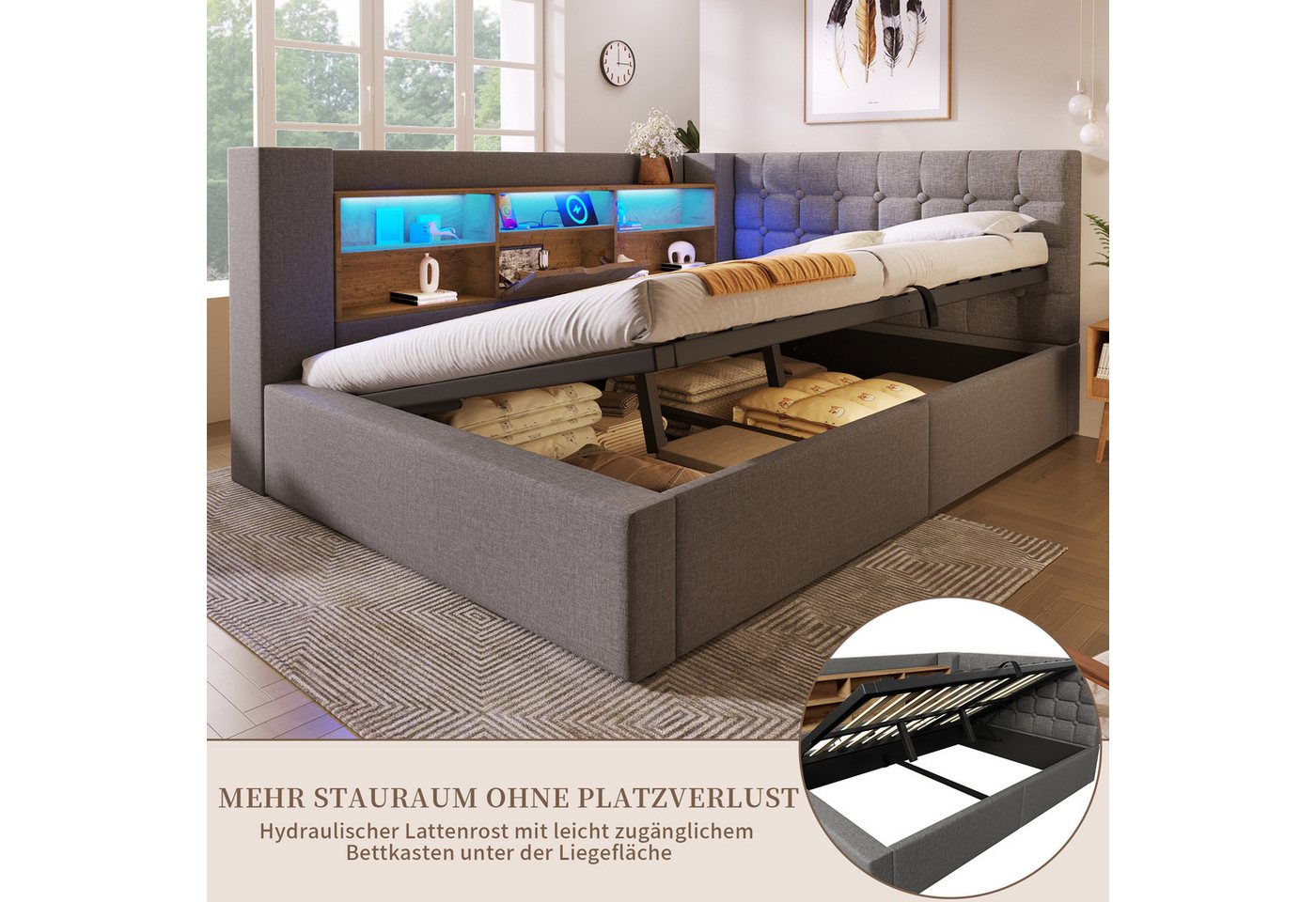 SeedWave Daybett Leinen-Polsterbett mit Stauraum, Lichtleiste&Ladefunktion 90/140×200cm, Tagesbett mit Hydraulik, Schutzgeländer beiderseits montierbar – Bild 5 von 5