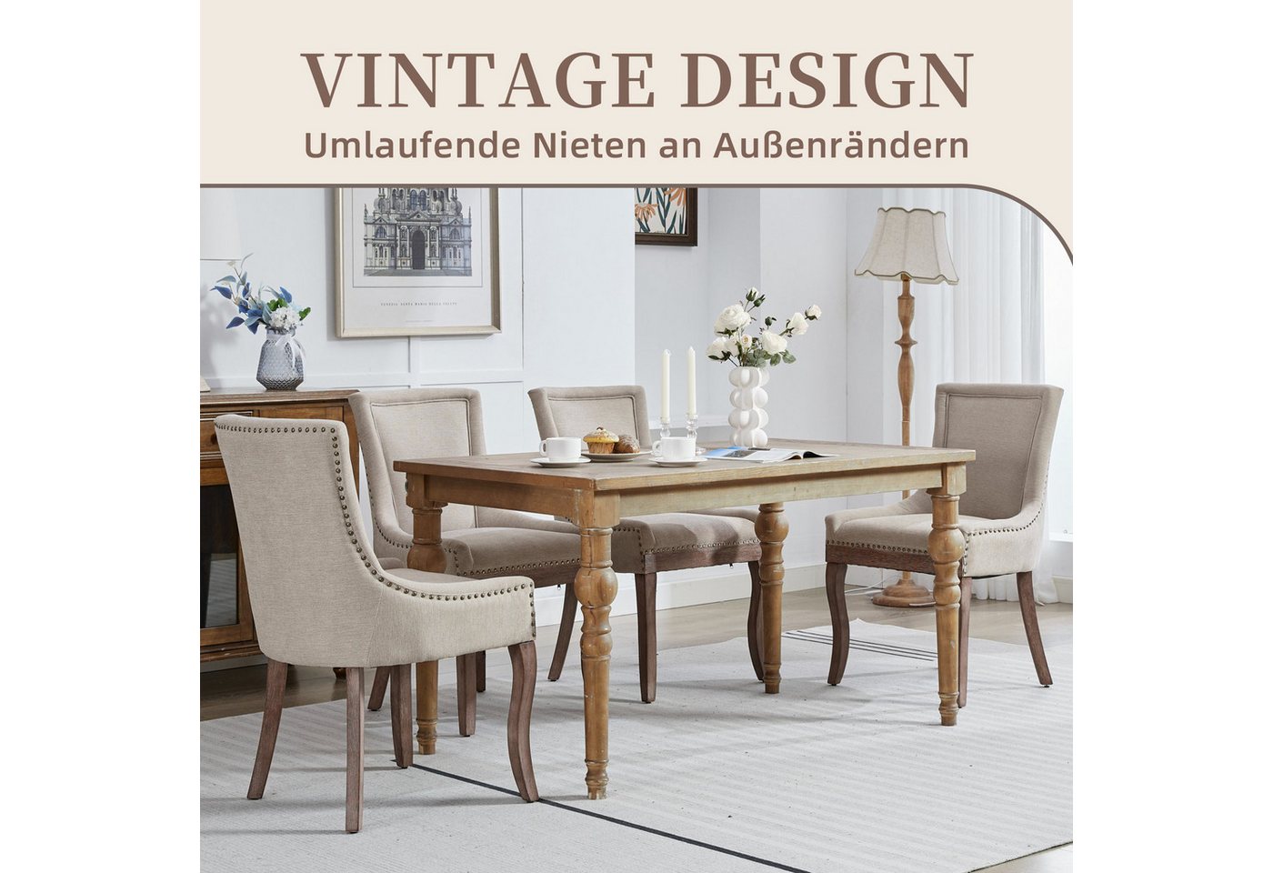 SeedWave Esszimmerstuhl 2er-Set Küchenstuhl Chenillebezug, Holzfüße mit Verstellbaren Fußpads, Polsterstuhl mit geschwungener Rücklehne, Niete-Design – Bild 2 von 5