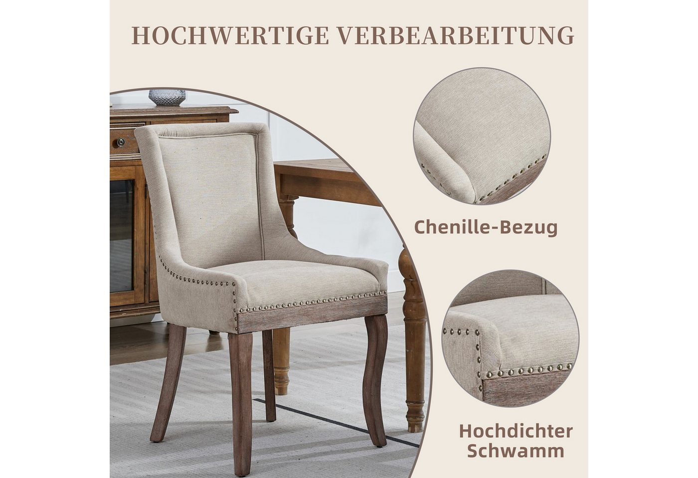 SeedWave Esszimmerstuhl 2er-Set Küchenstuhl Chenillebezug, Holzfüße mit Verstellbaren Fußpads, Polsterstuhl mit geschwungener Rücklehne, Niete-Design – Bild 3 von 5