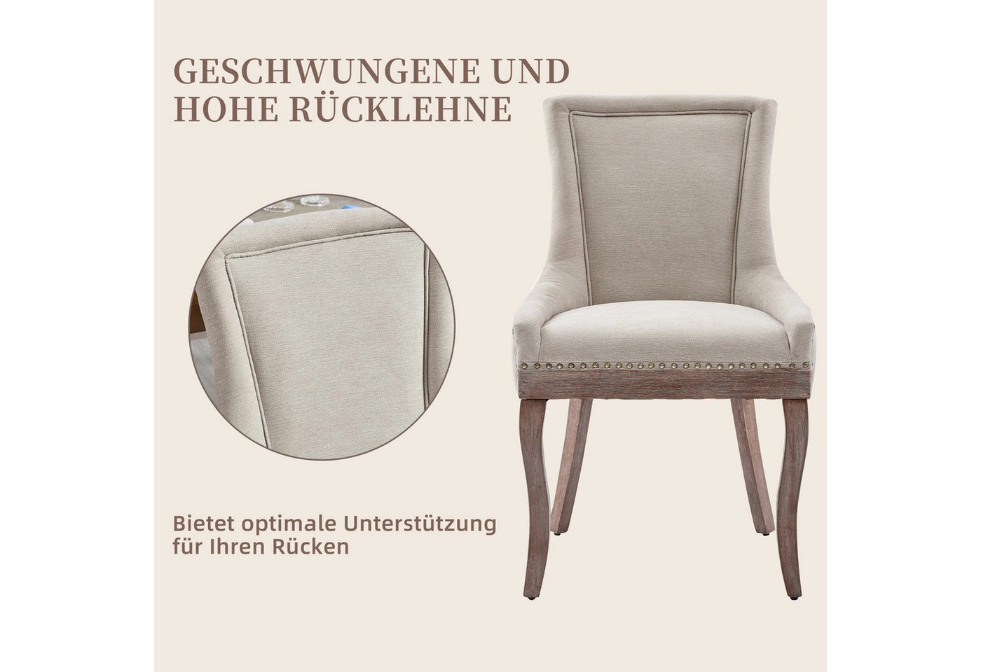 SeedWave Esszimmerstuhl 2er-Set Küchenstuhl Chenillebezug, Holzfüße mit Verstellbaren Fußpads, Polsterstuhl mit geschwungener Rücklehne, Niete-Design – Bild 4 von 5