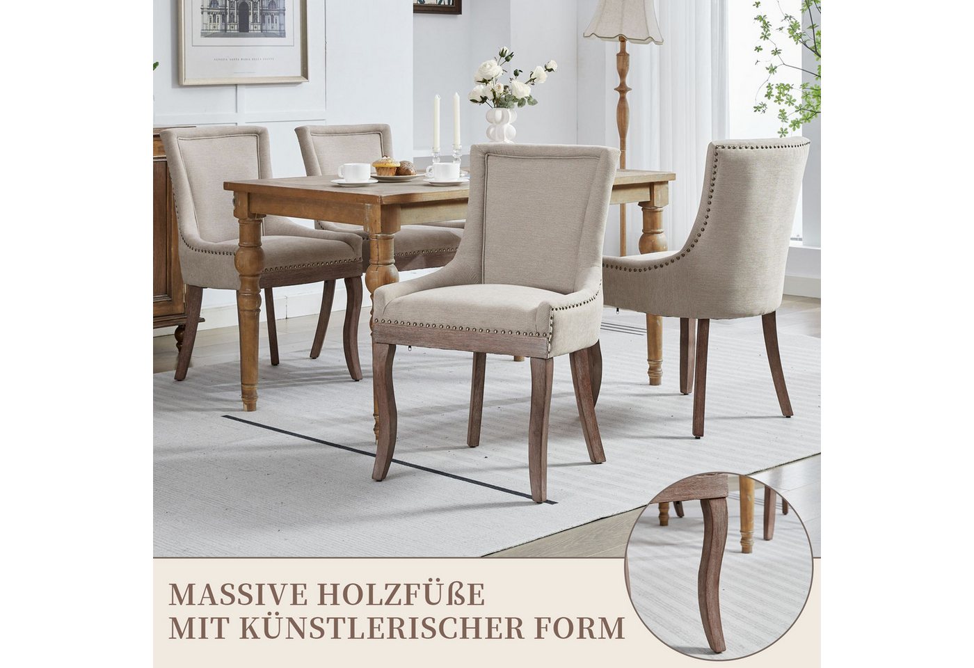 SeedWave Esszimmerstuhl 2er-Set Küchenstuhl Chenillebezug, Holzfüße mit Verstellbaren Fußpads, Polsterstuhl mit geschwungener Rücklehne, Niete-Design – Bild 5 von 5